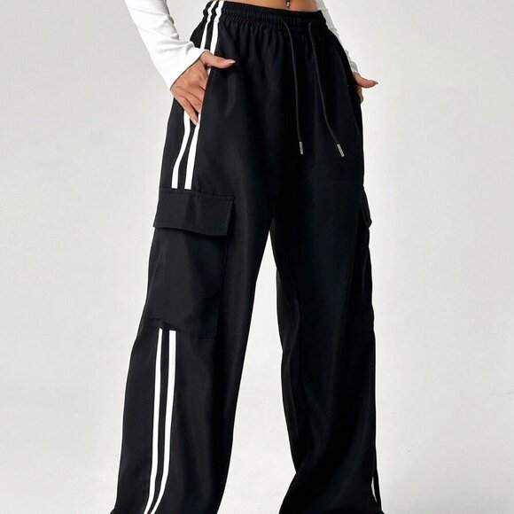 Pants - Black Casual Women's Drawstring Waist Striped Side Pocket Pants